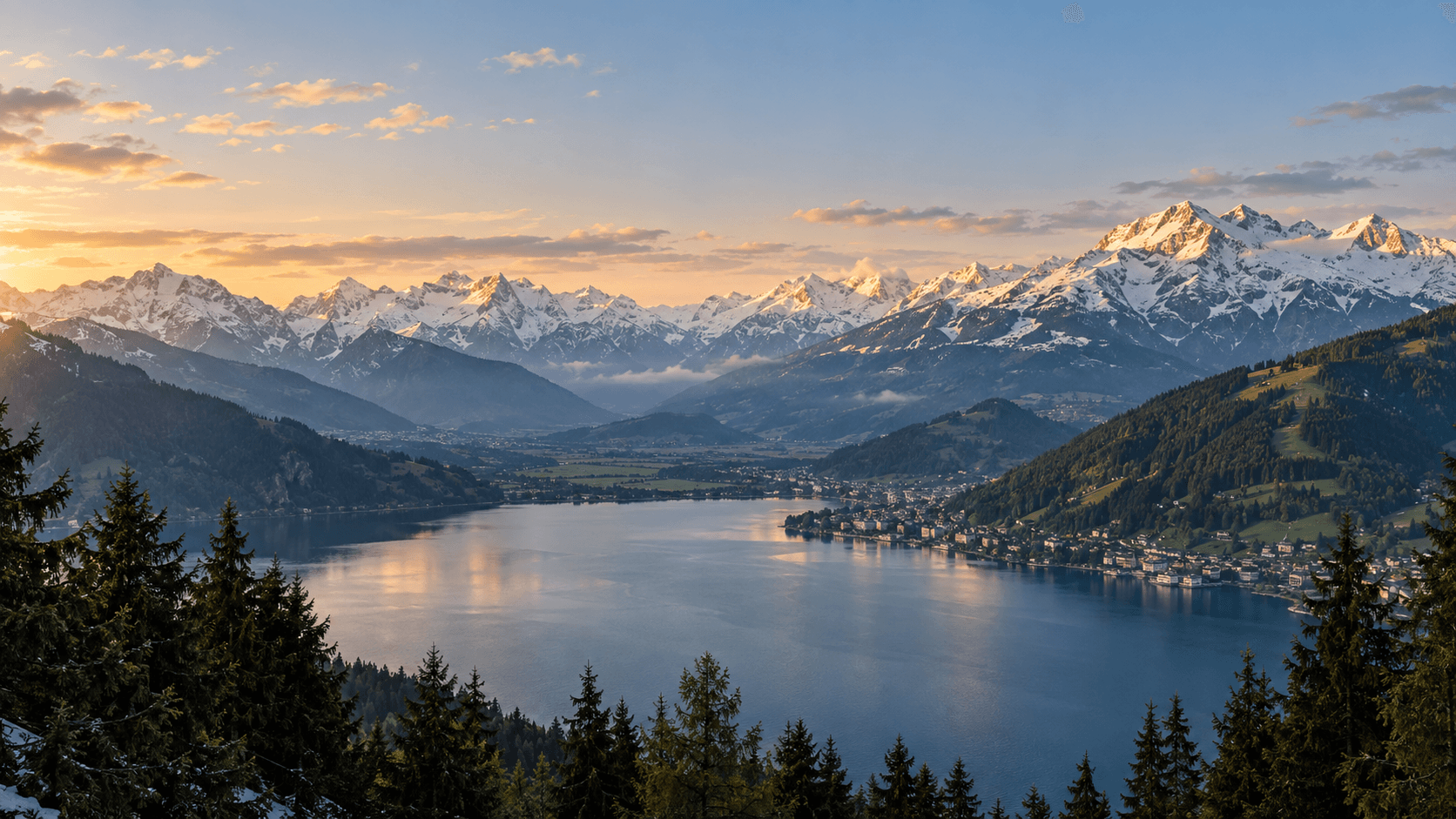 Lake Zell and snow-covered Austrian Alps glowing at golden hour